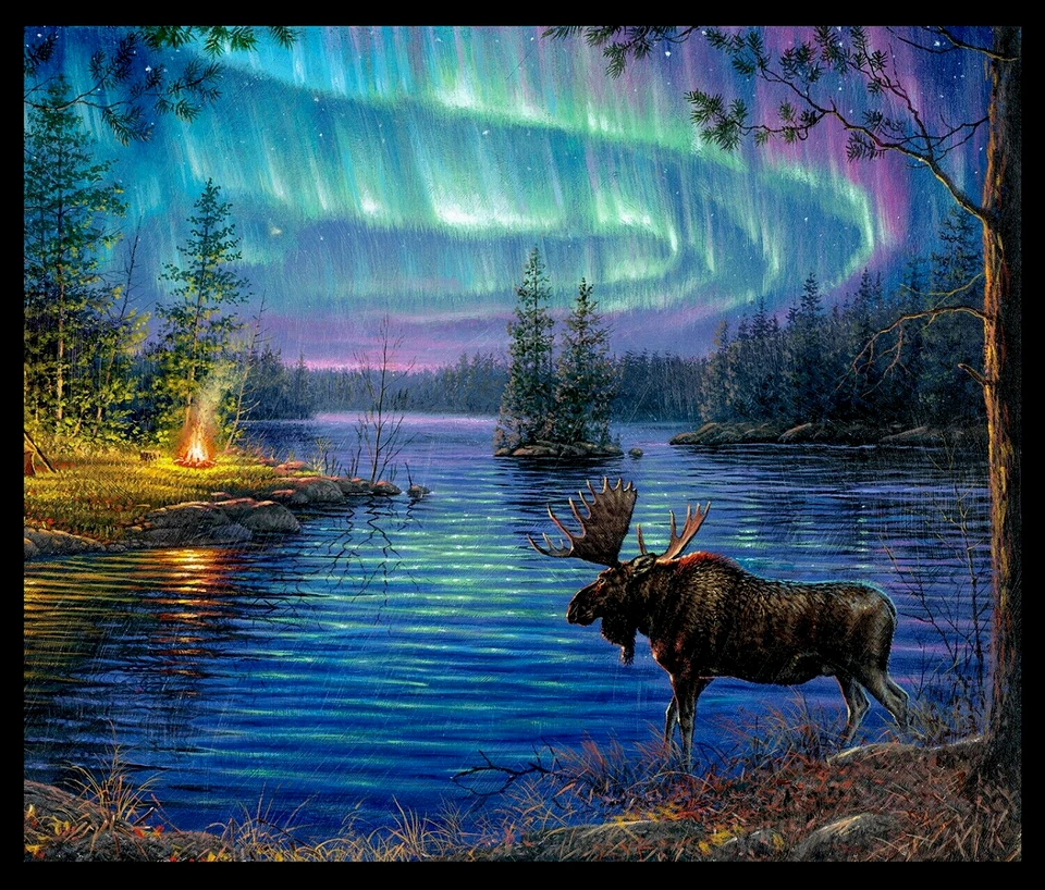 Moose Alaska Fabric Northern Lights Aurora Cotton Elizabeths Studio 36" Panel - Image 1 of 1