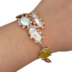 Jade Quarz Fluorit Süßwasser Zucht Biwa Perlen Armband Modeschmuck - Bild 1 von 6