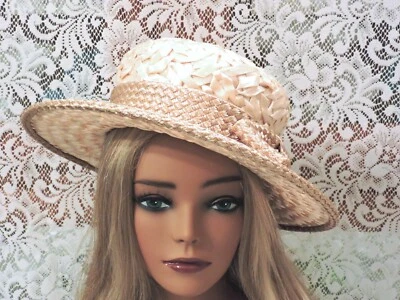 Vintage Ladies Champagne Straw Wide Brim Hat - Image 1 of 4
