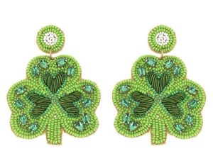 ST. PATRICKS DAY SHAMROCK SEED BEAD RHINESTONE PIERCED FELT DANGLE BACK EARRINGS - Picture 1 of 1