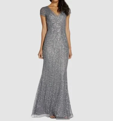 Adrianna Papell Women's Sliver Sequins Beaded V-Neck Short Sleeve Dress Size 2 - Image 1 of 3