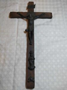 Antique old collectible rare iron wood cross crucifix Christ Christus skull