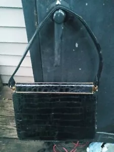Vtg Sterling USA Alligator Purse Black Leather Lined Foldover Bar Latch Nice - Picture 1 of 7