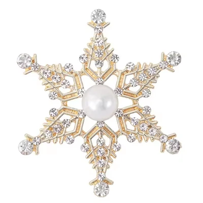 Broche de copo de nieve de Navidad con diamantes de imitación perla oro prendedor vacaciones invierno joyería regalo Foto 1 de 4