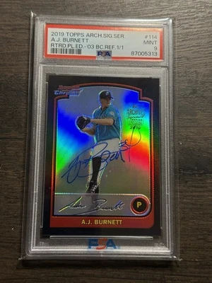 2019 Topps Archives Signature Series A.J. Burnett BC Refractor Auto 1/1 PSA 9 - Image 1 of 2