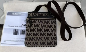 Michael Kors Black On Brown Monogram MK Canvas Crossbody Handbag - Picture 1 of 12