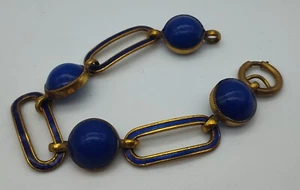 Vintage Chunky Segment Glass Round Blue Cab Oval Enamel Brass Link Bracelet - Picture 1 of 5