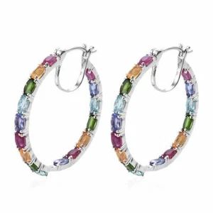 Natural Multi Tourmaline Gemstone Hoop Earrings - Sterling Silver Women Earrings - Picture 1 of 3