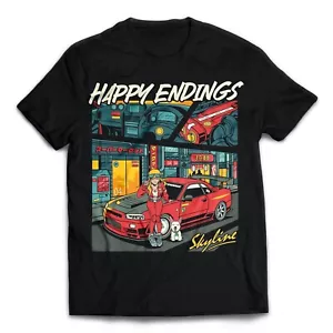 Happy Endings Cyberpunk R34 Skyline Car Anime Girl Japan Streetwear T-Shirt Sz L - Picture 1 of 3