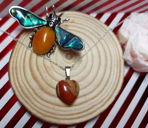 Hand-made Mookaite Jasper Heart Shaped Stone & Silver Plated 925 Chain Necklace - Picture 1 of 10
