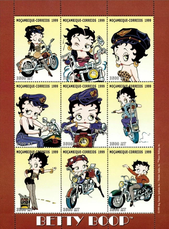 Mozambique 1999 - Motocicleta Betty Boop - Hoja de 9 estampillas - Scott #1344A - MNH Foto 1 de 1