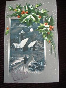 Vintage Christmas Snowy Town and Holly Card Made in Germany - 1900's