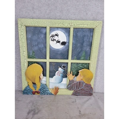 Arte de pared vintage de Navidad con escena de ventana muñeco de nieve para niños trineo de Santa decoración de luna Foto 1 de 4