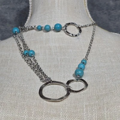 Turquoise Beaded Necklace Silver Tone Circles Boho Layered Fashion Jewelry - Image 1 of 4