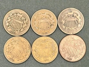 US Two Cent, Lot of 6-1864 (3), 1865 (3) - Picture 1 of 3