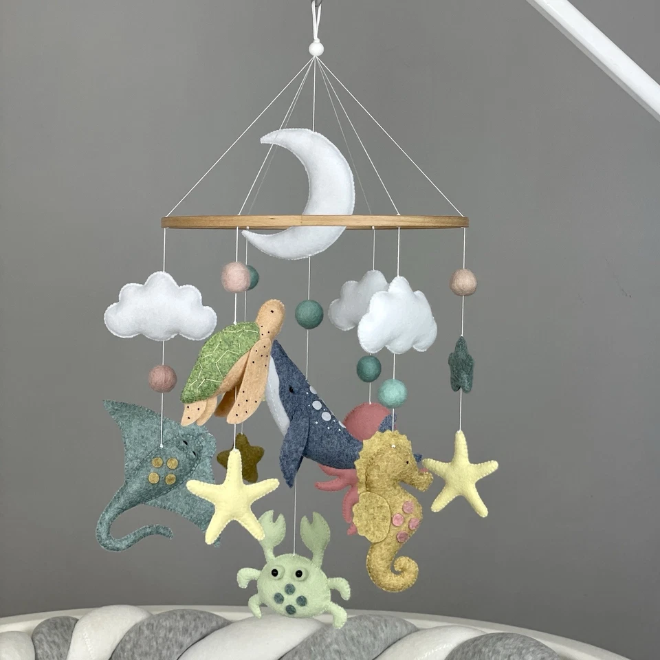 Berço móvel bebê oceano berçário sob o mar animais marinhos de feltro costeiro náutico - Imagem 1 de 4