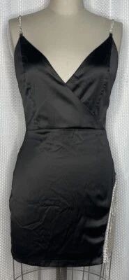 MUJER MINI VESTIDO BODYCON CUELLO EN V CORREA DE CRISTAL PIERNA ABIERTA SATINADO NEGRO TALLA MEDIANA Foto 1 de 4