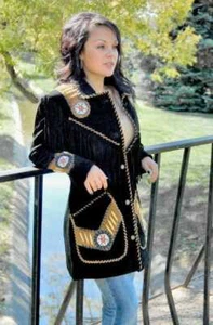 Women Suede Western Style Leather Jacket With Fringe & Bead Work - Black - Picture 1 of 4