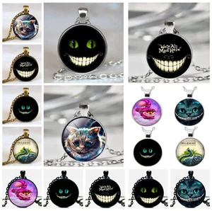 Wonderland Quote Were All Mad Here Smile Cat Eyes Pendant Necklace Free Gift Bag - Picture 1 of 29