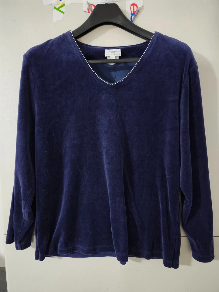 Lo último Top de algodón Marc Ware para mujer 1X manga larga terciopelo fieltro tachonado cuello en V Foto 1 de 4
