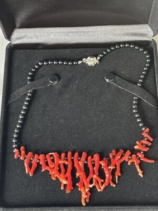 "Collar gargantilla vintage de plata de ley de los años 50 coral y ónix 18""" - Imagen 1 de 14