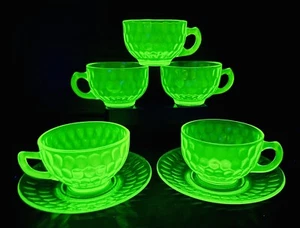Vintage Federal Glass Raindrops Green Cup & Saucer Set 5 Teacups & 2 Saucers - Picture 1 of 21