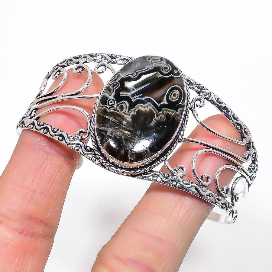 Brazalete ajustable de plata de ley 925 con piedras preciosas de ágata en barra natural Foto 1 de 1