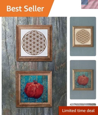 Arte de pared de granada serena y flor de la vida - Juego de 2 paneles de travertino Foto 1 de 4