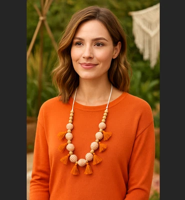 Collar Borla J. Jill Isla Aire Naranja Rafia Madera Cuentas Declaración Ajustable Foto 1 de 4