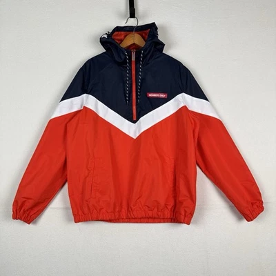 Men's Members Only  1/4 Zip Light Weight Jacket Size Large Orange Blue Spellout - Image 1 of 4