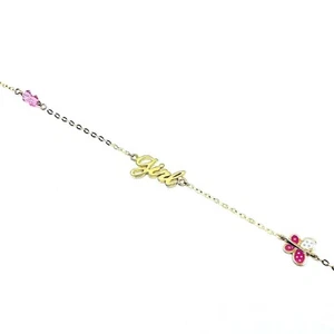 14K Yellow Gold Cable Chain Bracelet | Pink Enamel Butterfly & Crystals - Picture 1 of 8