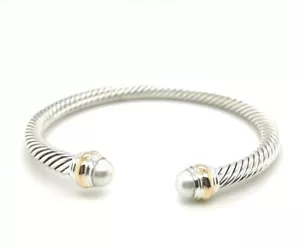 David Yurman Sterling Silver&14k Gold 5mm Freshwater Pearl Bracelet Size Small - Picture 1 of 6
