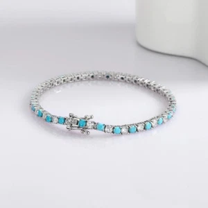 8Ct Round Lab Created Turquoise Diamond Tennis Bracelet 14K White Gold Over 7.5" - Picture 1 of 7