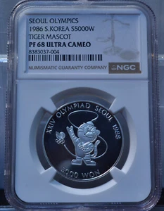 1986 5000 WON S. KOREA SEOUL OLYMPICS TIGER MASCOT NGC PF68 UCAM SILVER COIN - Picture 1 of 6