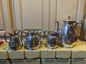 Antique Nouveau Embossed Flower Tea & Coffee  set Meriden 1800 Ailver Quadrupled - Picture 1 of 8