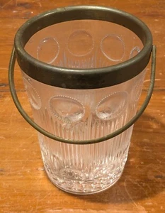 Antique Glass Ice Bucket with Brass Rim and Handle Coin Pattern  - Picture 1 of 16