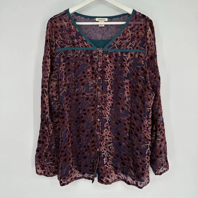 Blusa Sundance Sakura Púrpura Borgoña Floral Terciopelo Burnout Manga Larga Grande  Foto 1 de 4