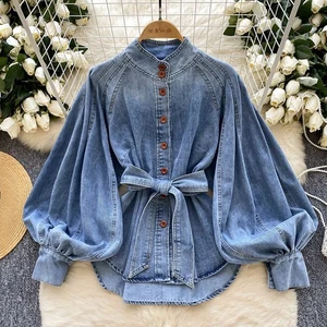 Fashion Womens Denim Puff Sleeve Tops Blouse Button Casual Belt Jeans Shirts - Picture 1 of 6