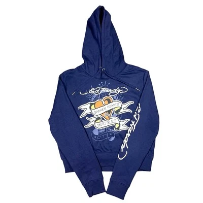 Sudadera con Capucha Ed Hardy Broken Hearts And Fairytales Azul Marino Mediana Nueva con Etiquetas Foto 1 de 4