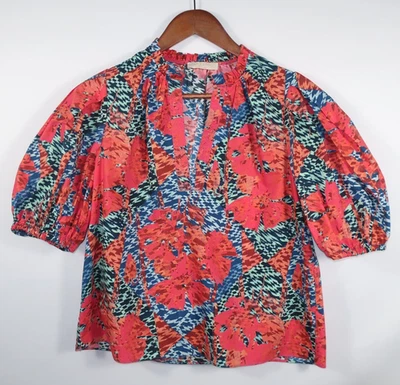 Ulla Johnson Flamingo Tillie Top Cotton Poplin Puff Sleeves Split Neck Multi 2 - Image 1 of 4