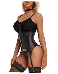 Women's Sexy Lace Lingerie Set with Garter Belt Bodysuit Teddy and (L-XL) Black - Picture 1 of 6