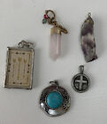 Lot 5 Costume Jewelry  Pendants Pewter/Silver Tone Cross Turquoise Color Stone