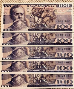 Lot of (5) Mexican banknotes $100 Pesos 1981 Uncirculated/Sequencial - Picture 1 of 3