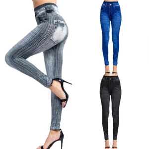 Women Stretchy Imitation Denim Pencil Pants Yoga Leggings Sport High Waist Jeans - Picture 1 of 16