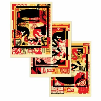 SIGNED! Shepard Fairey OBEY ICON 3 FACE COLLAGE 3 Print SET Poster Giant 18 X 24 - Image 1 of 4