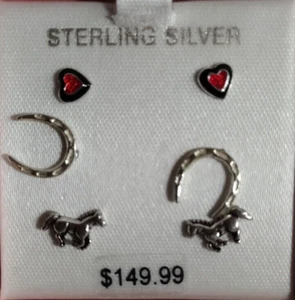 3 Pair Stud Earrings Sterling Silver Heart, Horse & Horse Shoe - Picture 1 of 2