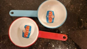 2 Vintage White ENAMEL w/ RED And BLUE HANDLEs Enamelware Sauce Pan Pot NOS - Picture 1 of 4