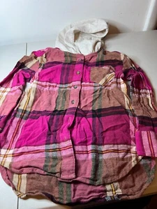 Old Navy Soft-Brushed Flannel Shirt Girls S (6-7) Pink Plaid Hooded Button Front - Picture 1 of 7