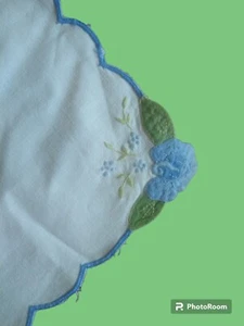 Vintage Placemat Set of 4 White Linen with Blue Floral Appliqué Embroider - Picture 1 of 5