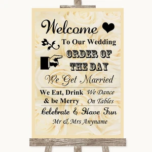 Cream Roses Welcome Order Of The Day Personalised Wedding Sign - Picture 1 of 8